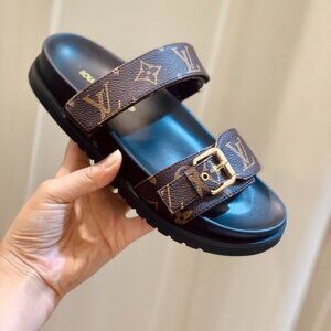 Louis Vuitton Brown Buckle Bom Dia Monogram Flat Slide Sandal